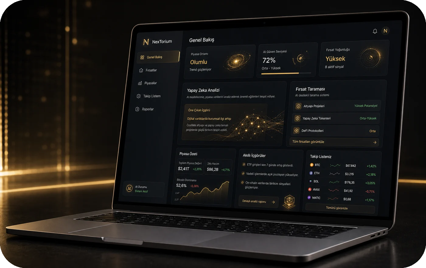 NexTorium yapay zeka destekli dijital finans platformu MacBook ekranı